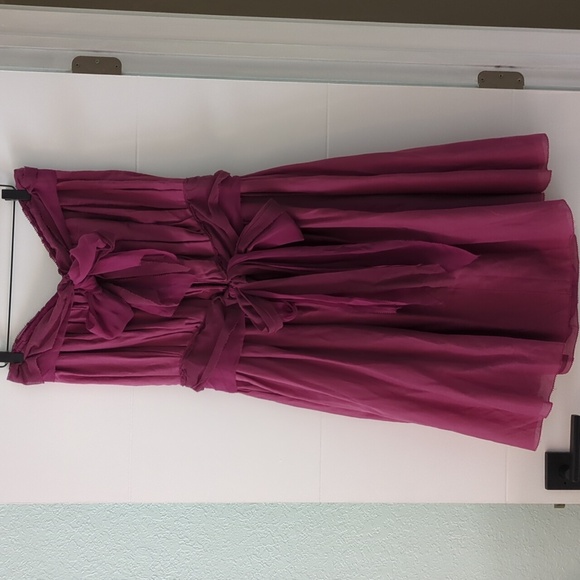 Feminine Silk Blend Flowy Coquette Elegant Pink Strapless Back Bows Midi Dress - Picture 2 of 9